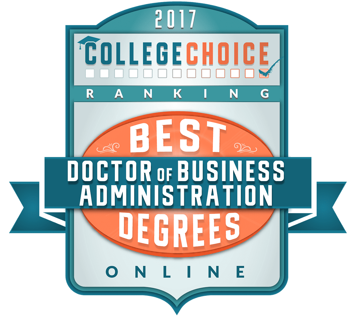 Green and blue badge. "2017" written in white at the top. "Best Degrees" in a circle with "Doctor of Business Administration" centered. "Online" at the bottom of badge.