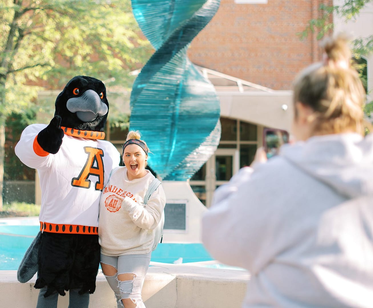 Mascot with Anderson University students in Indiana
