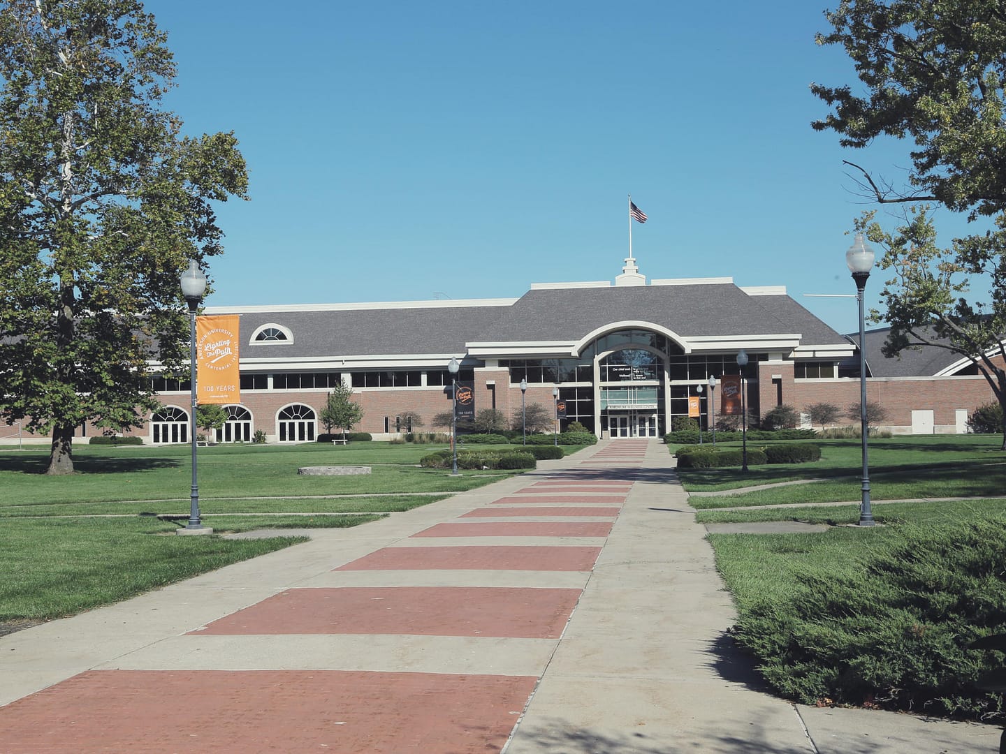 outside view of the Kardatzke building with long sidewalk leading up to building