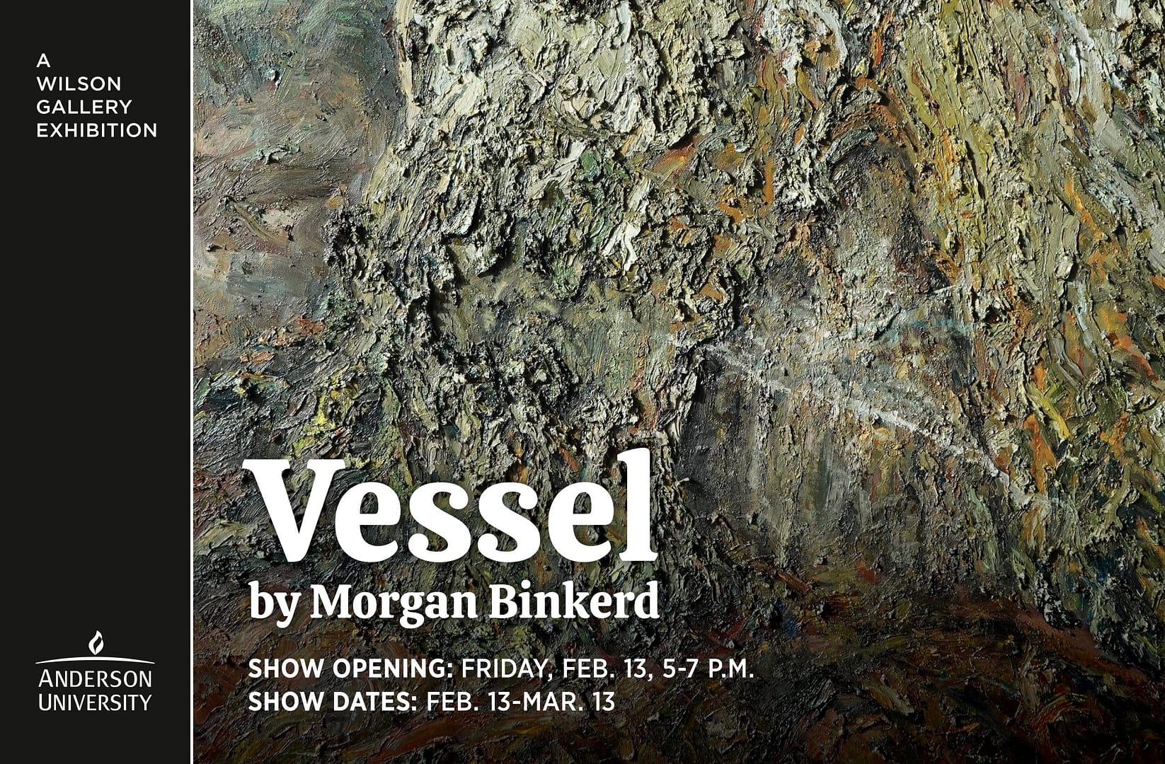 Morgan Binkerd's artwork is shown in the background with gallery opening details in the foreground.