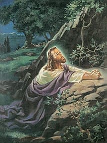 painting of Jesus kneeling by a rock in Gethsemane