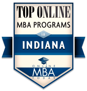 Cream colored badge with blue outlines. States "Top Online MBA Programs. Indiana. Online MBA Today."