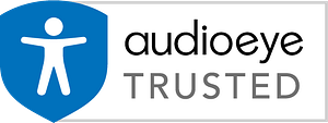 Blue badge with a white person outline. Icon states: AudioEye Trusted.