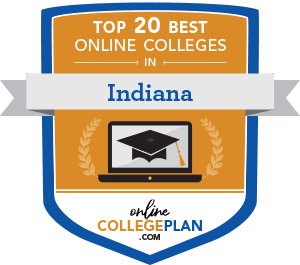 Orange badge with blue outline. "Top 20 Best Online Colleges in Indiana" written at the top. Computer with grad cap in the center. "OnlineCollegePlan.com" at the bottom of badge.