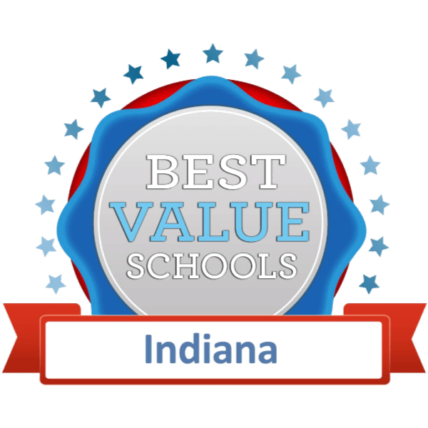 A ribbon in red, white, and blue stating "Best Value Schools: Indiana"