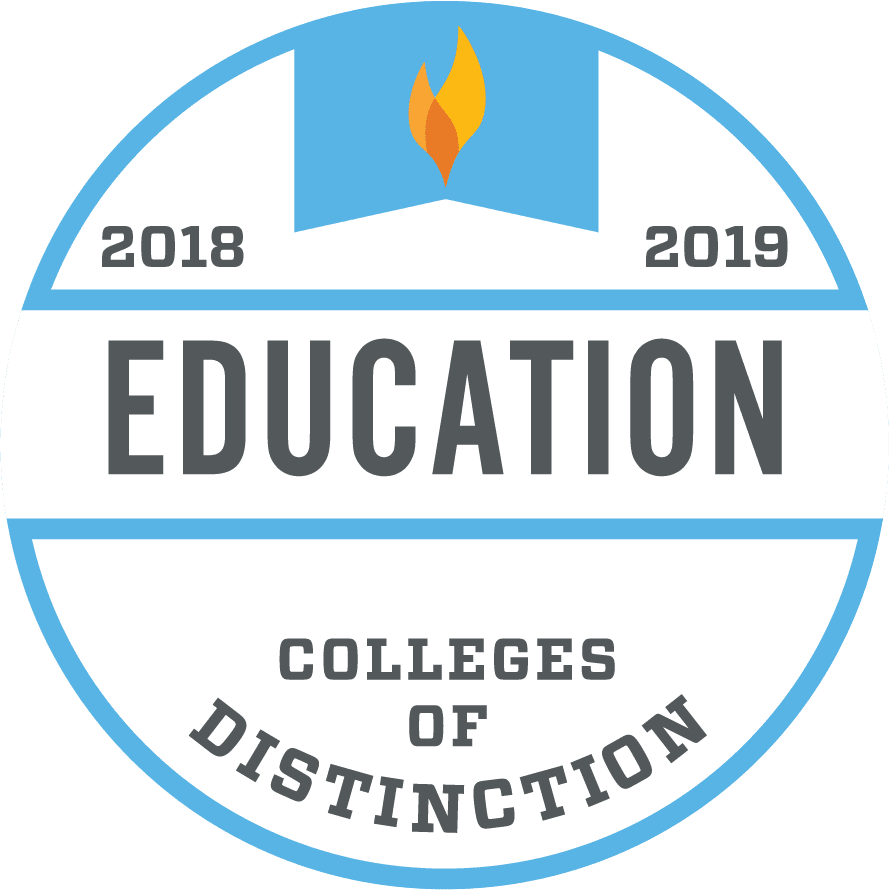 White badge with light blue outline. Flame at the top of the badge with "2018" & "2019" on the sides. "Education" in the middle. "Colleges of Distinction" lined at the bottom.