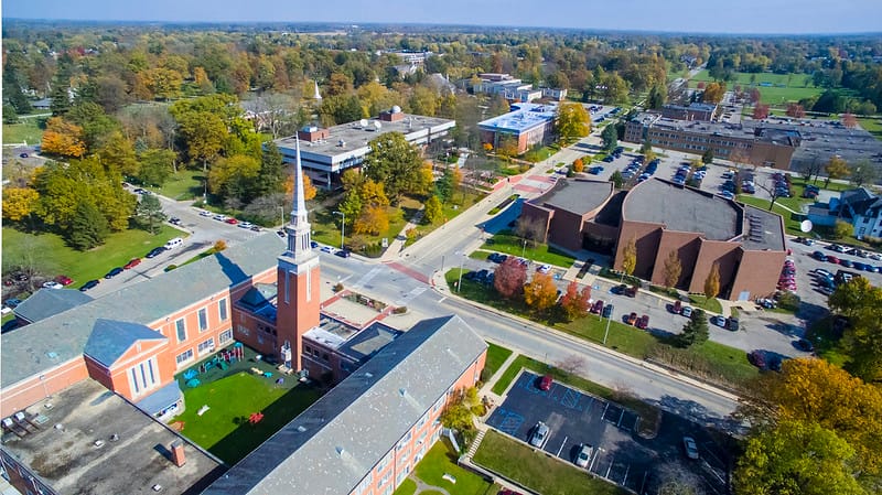 Aerial view of Anderson University from behind Park Place Church of Good